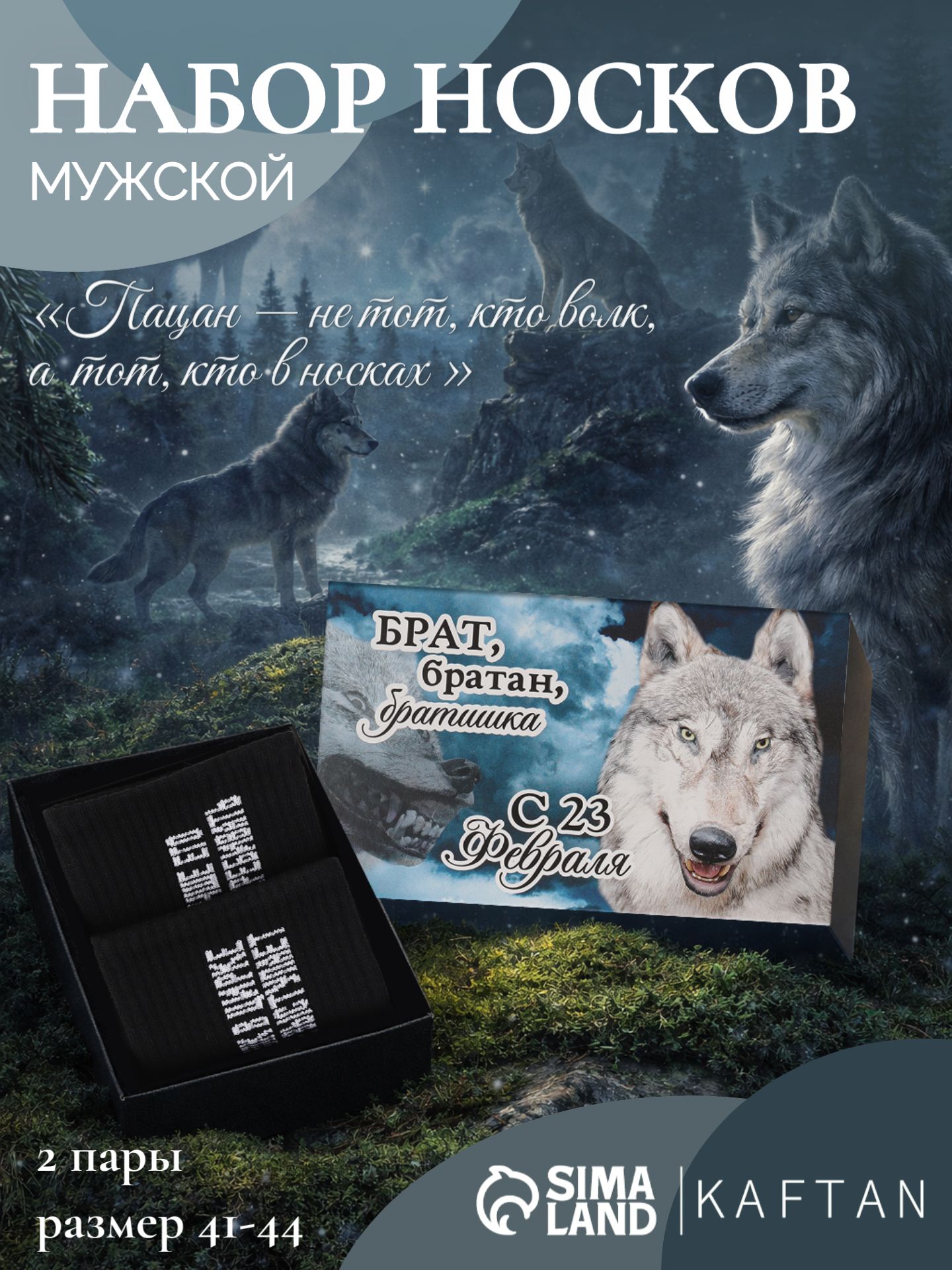 Подарочный набор мужских носков "Волк", размер 41-44, 2 пары