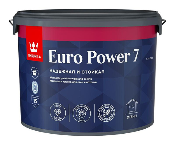 Краска Tikkurila Euro Power 7 Гладкая, Водно-дисперсионная, Полуматовое ...