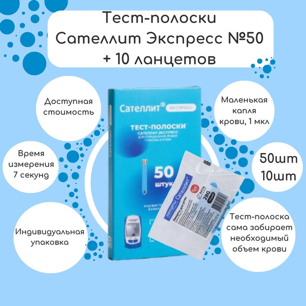 Тест-полоски Сателлит Экспресс №50 + ланцеты Сателлит 10 штук - купить ...