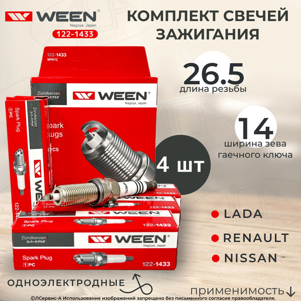 Комплект свечей зажигания Ween никель, M12X1.25, для: H4M(HR16DE ...