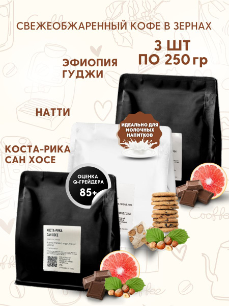 Набор Tasty кофе в зернах Эфиопия Гуджи, Натти, Коста-Рика Сан Хосе ...