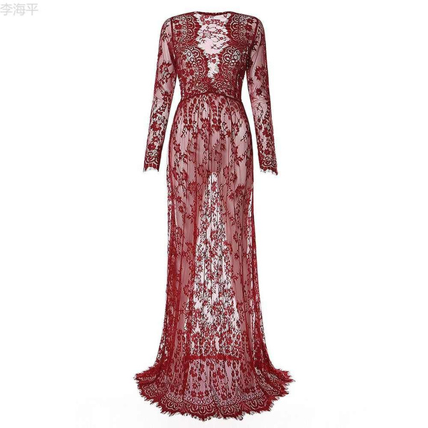 Женское прозрачное кружевное длинное платье с v-образным вырезом ...