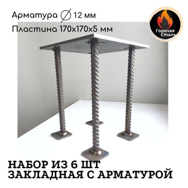Закладная металлическая пластина с арматурой, набор из 6 шт, в бетон ...