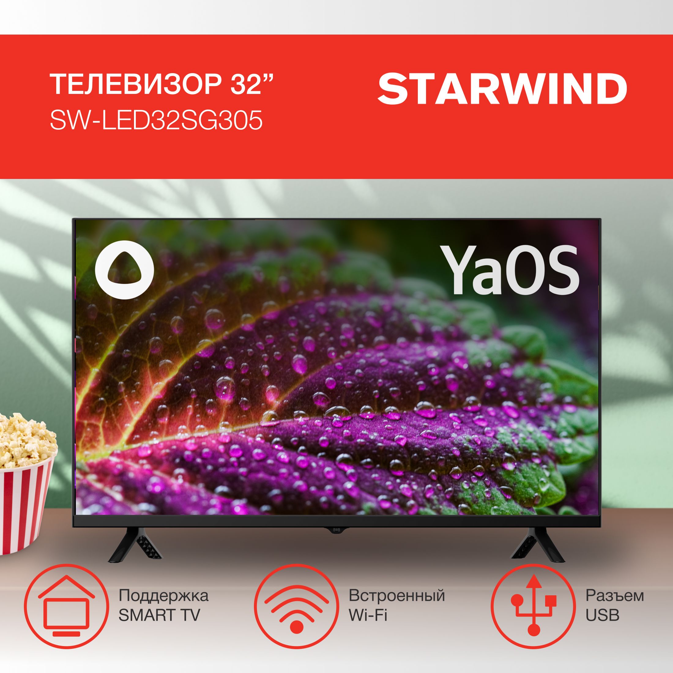 STARWINDТелевизорSW-LED32SG305Яндекс.ТВFrameless32"HD,черный