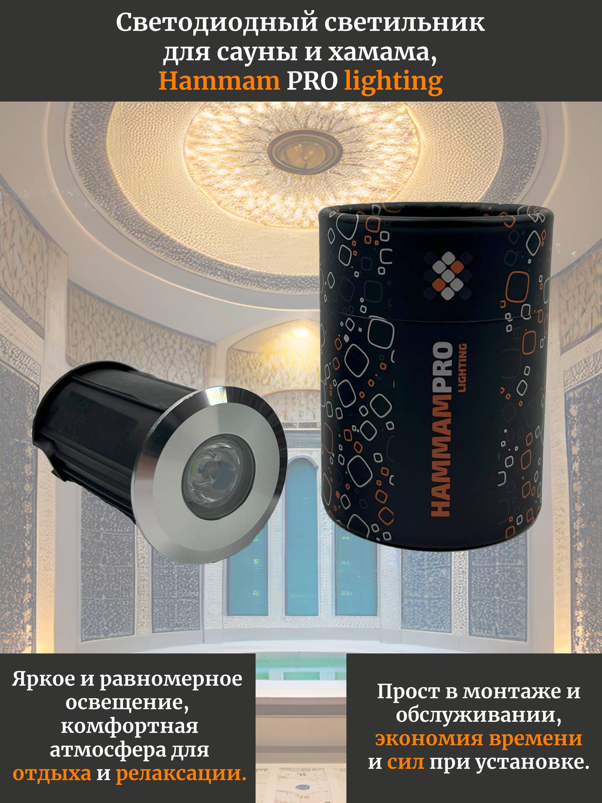 Светодиодный светильник для сауны и хамама, Hammam PRO lighting D42 12v 4000K