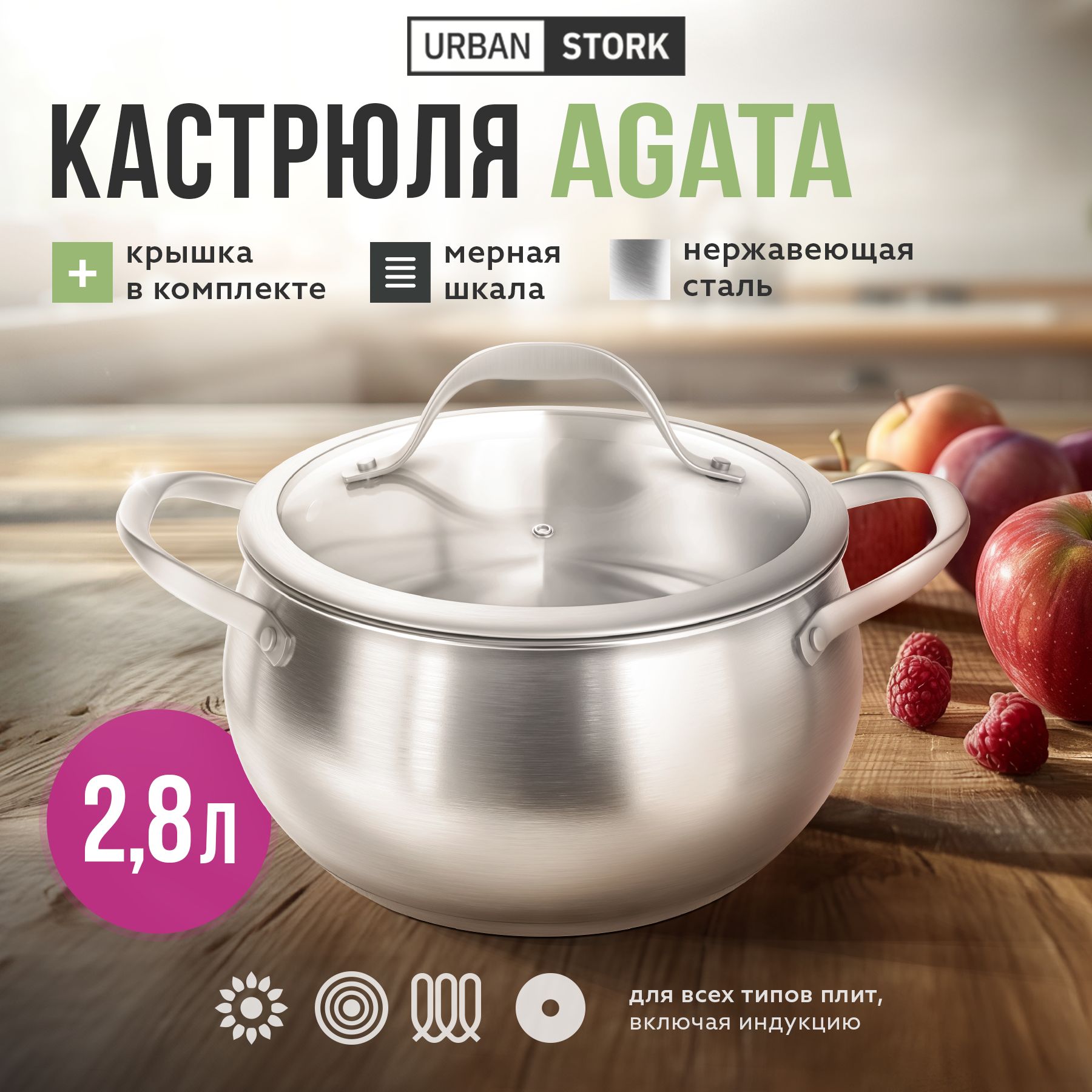 Кастрюля из нержавеющей стали с крышкой "AGATA" 2,8 л