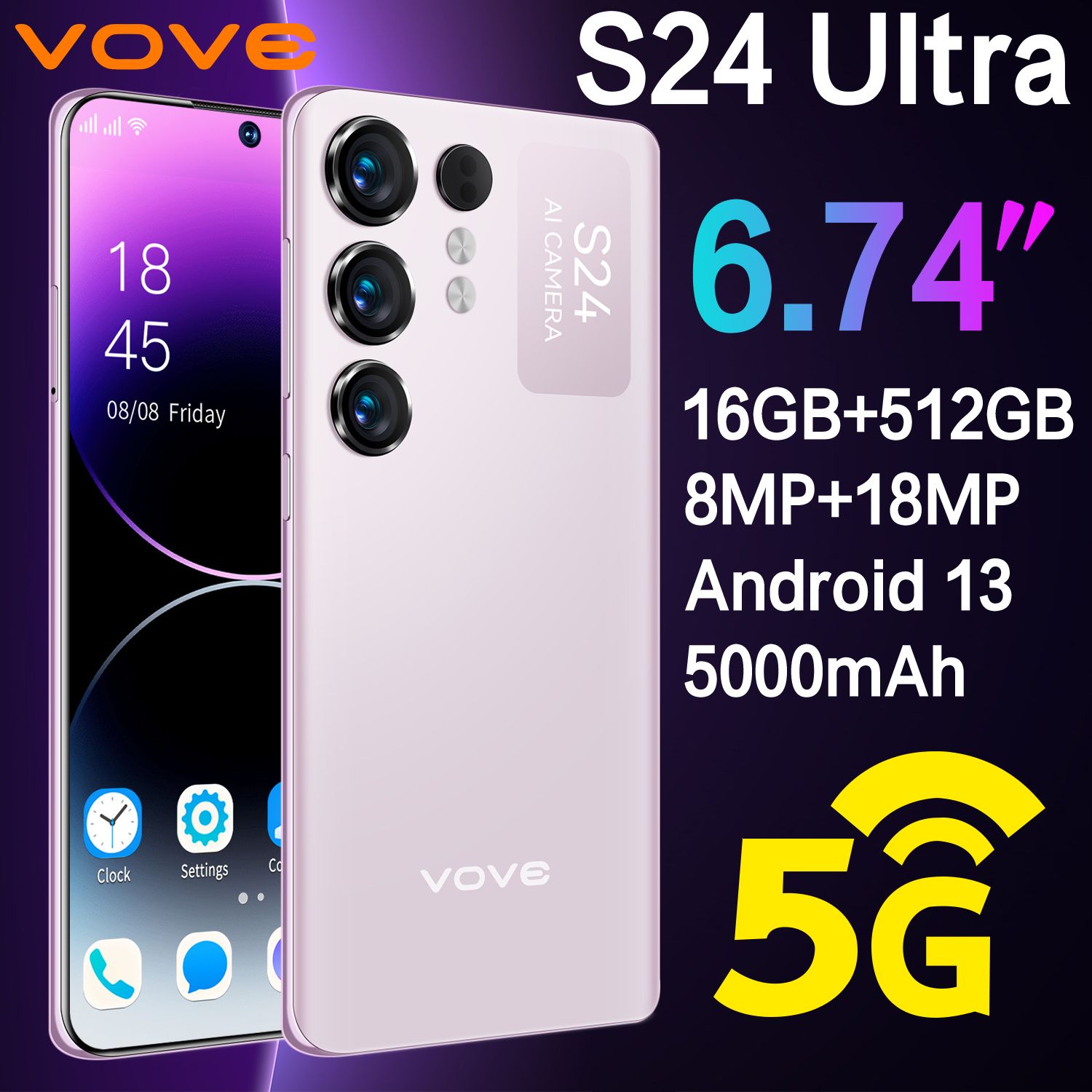 voveСмартфонСмартфонS24Ultra,16+512ГБ,6,74дюйма,андроид13,камера18МП,экранHD,аккумулятор5000мАчEU16/256ГБ,светло-розовый