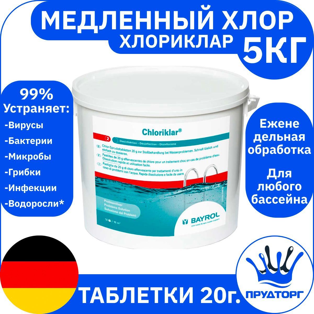 Химия для бассейна "Хлориклар" (5 кг) Таблетки 20 гр. / Немецкое средство для ухода за водой "Bayrol", Медленный хлор для дезинфекции и очистки воды