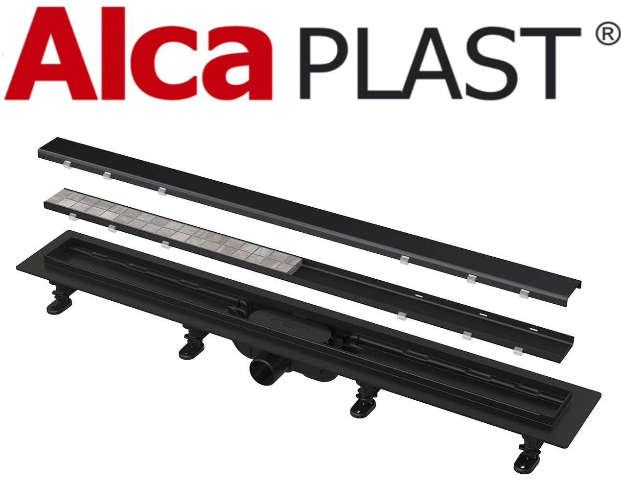 Водоотводящий желоб Alcaplast APZ19BLACK-750 c двухсторонней решеткой под укладку плитки Черный матовый