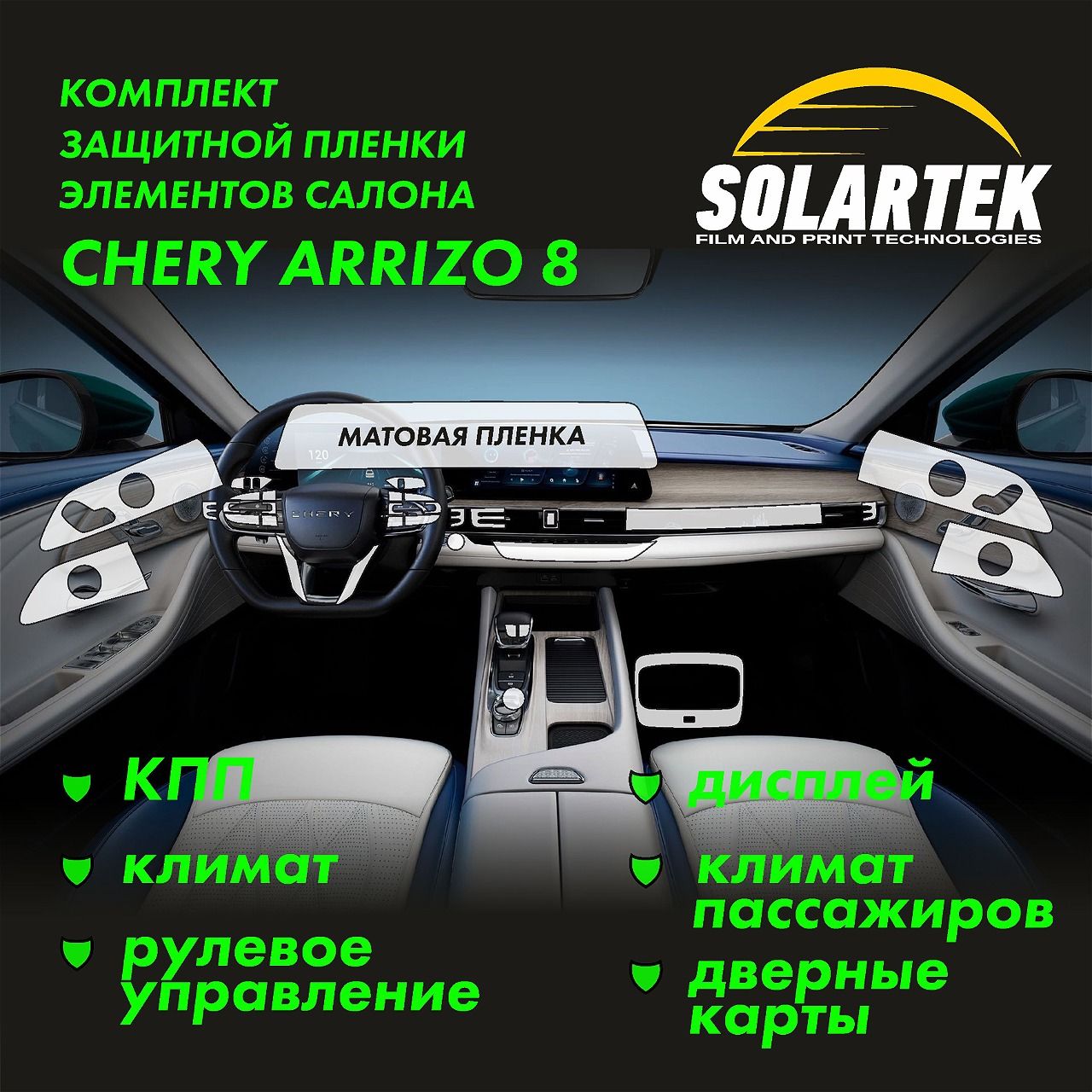 CHERY ARRIZO 8 Комплект защитных матовых пленок на КПП, климат, рулевое управление, дисплей, климат пассажиров и дверные карты