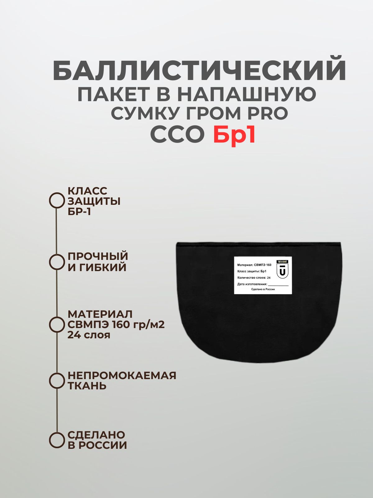 Баллистический пакет в напашную сумку Гром Про ССО, противоосколочный пакет СВМПЭ Бр1