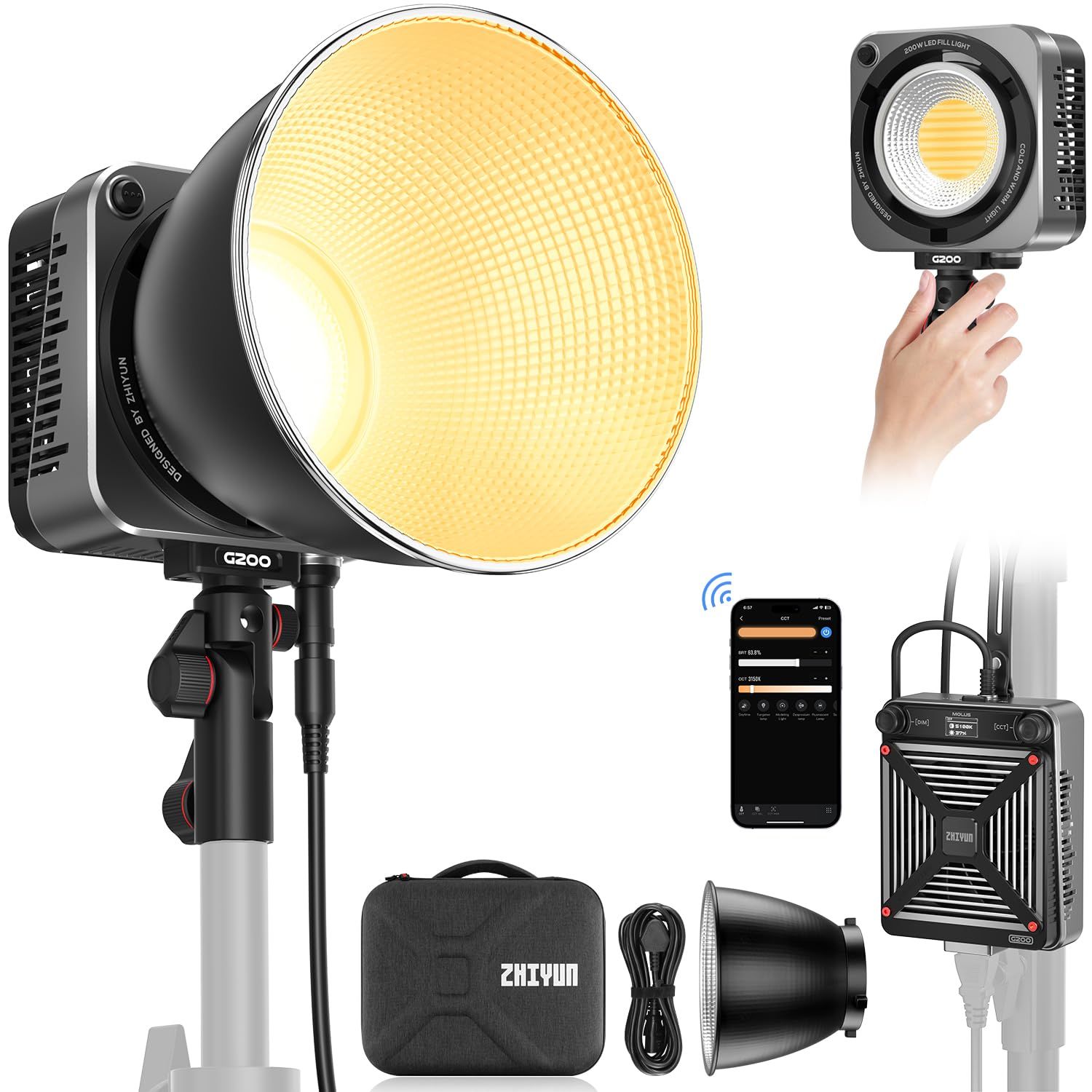 ZHIYUN Molus G200 COB Video Light, 300W MAX, 2700K-6500K портативный светодиодный карманный светильник, освещение для фотосъемки на открытом воздухе,и управление ZY Vega APP