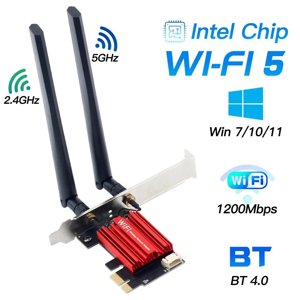 IntelСетеваякартаWiFi5PCI-EБеспроводнойадаптерAC1200СетеваякартаДвухдиапазонный2.4G/5GHz1200Мбит/сBluetooth4.0дляНастольныйкомпьютерWindows7/8/10/11