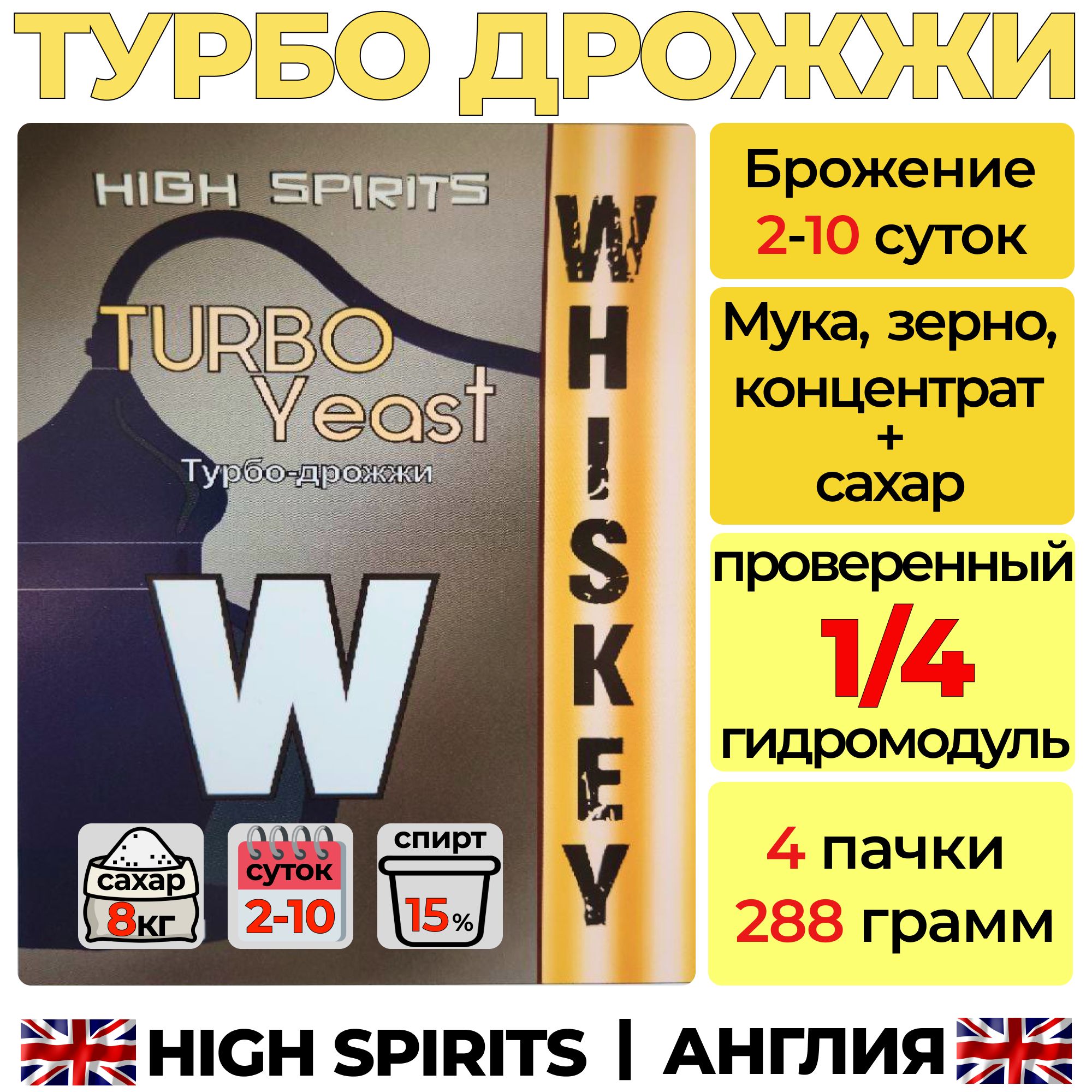 Вискарные турбо дрожжи для зерновых браг и самогона High Spirits Whiskey 4  пачки - купить с доставкой по выгодным ценам в интернет-магазине OZON  (1418569543)