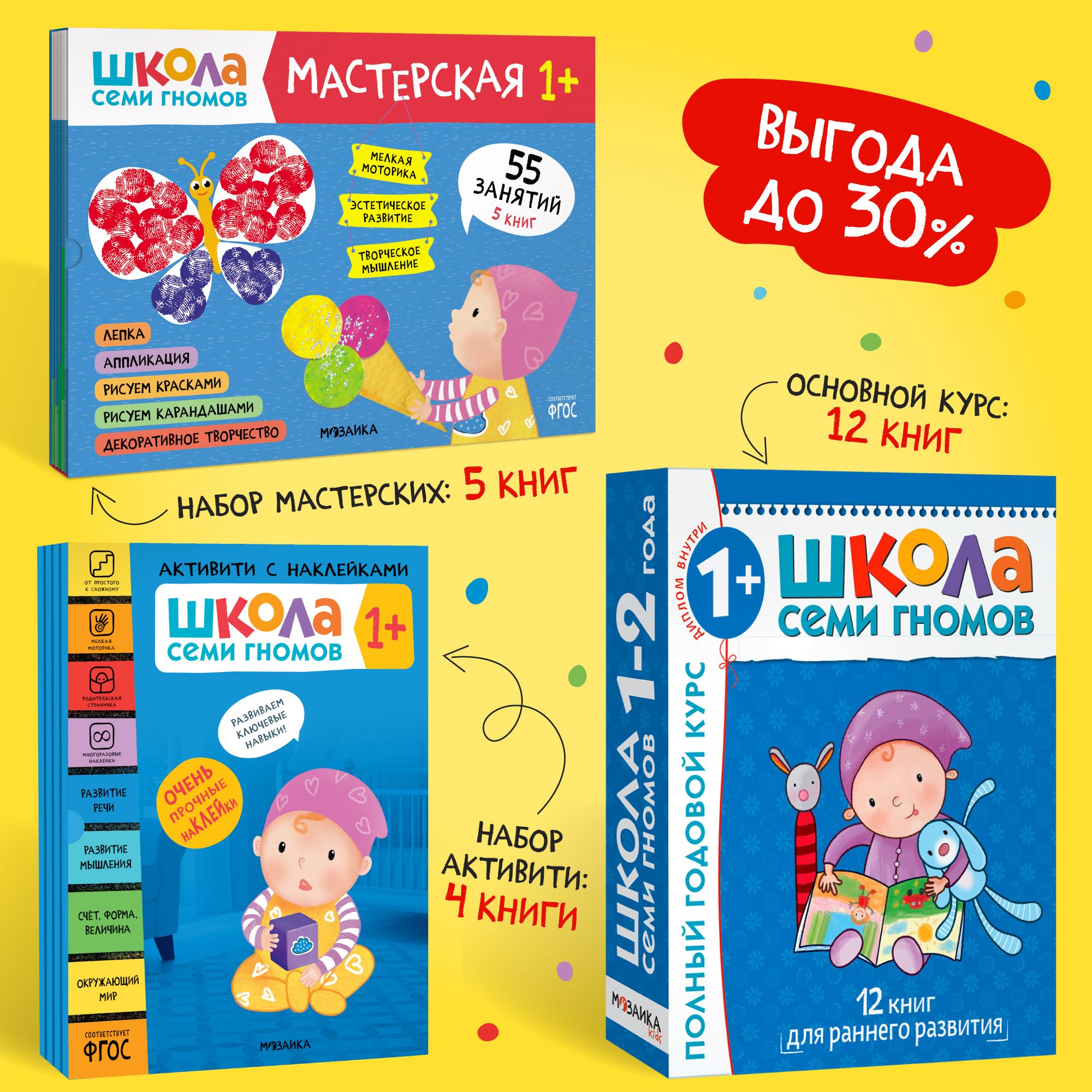 Развивающие книги для детей, мальчиков, девочек. Книжки-активити с  наклейками / Годовой обучающий комплект / Мастерские - альбомы для  творчества / Новый базовый курс для развития малышей. Школа Семи Гномов. 1+  | Денисова