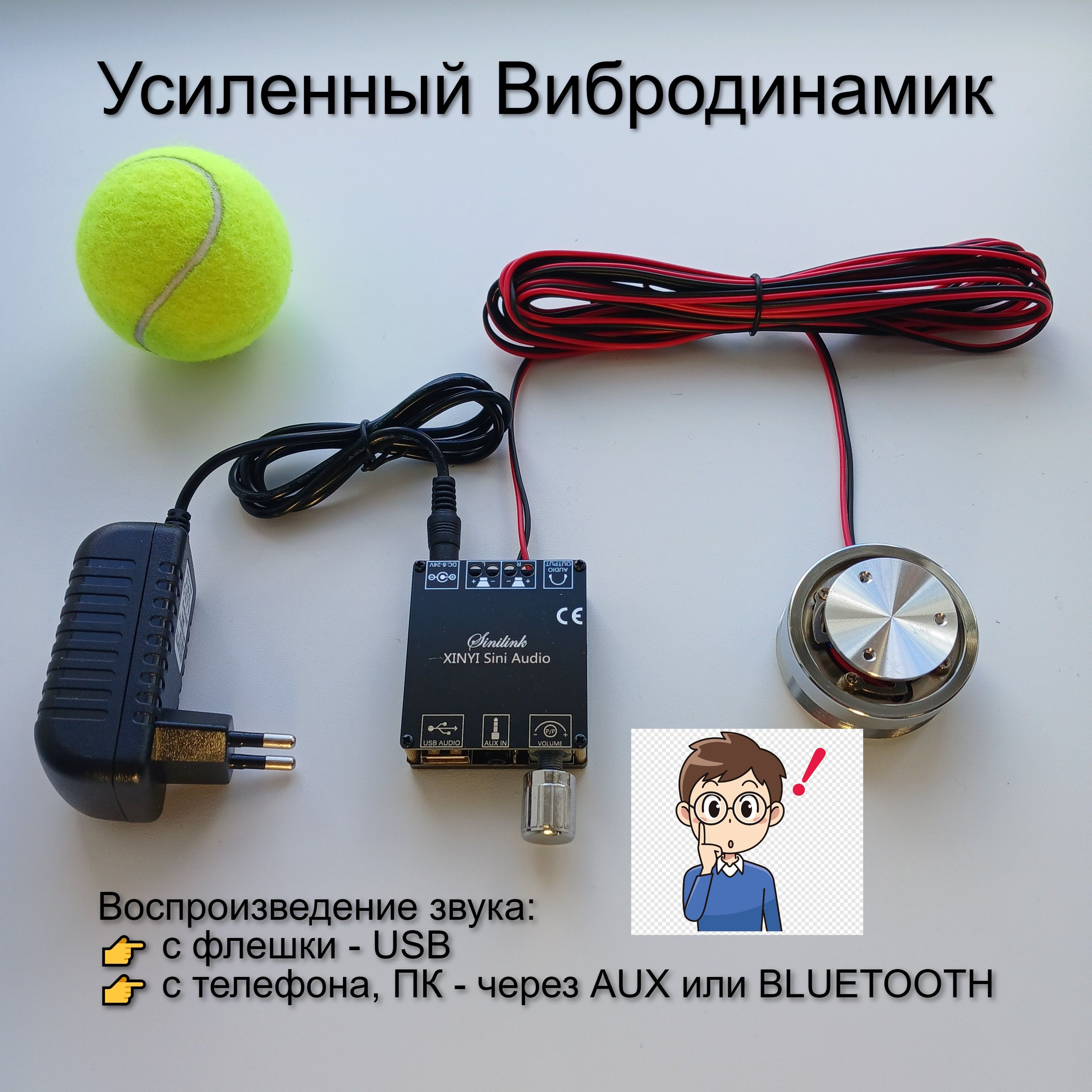 УсиленныйВибродинамикКомплектПолный,25Вт,звукUsb-Bluetooth-Aux,БП12В/3А,провод5м.,Мячик,Антисосед