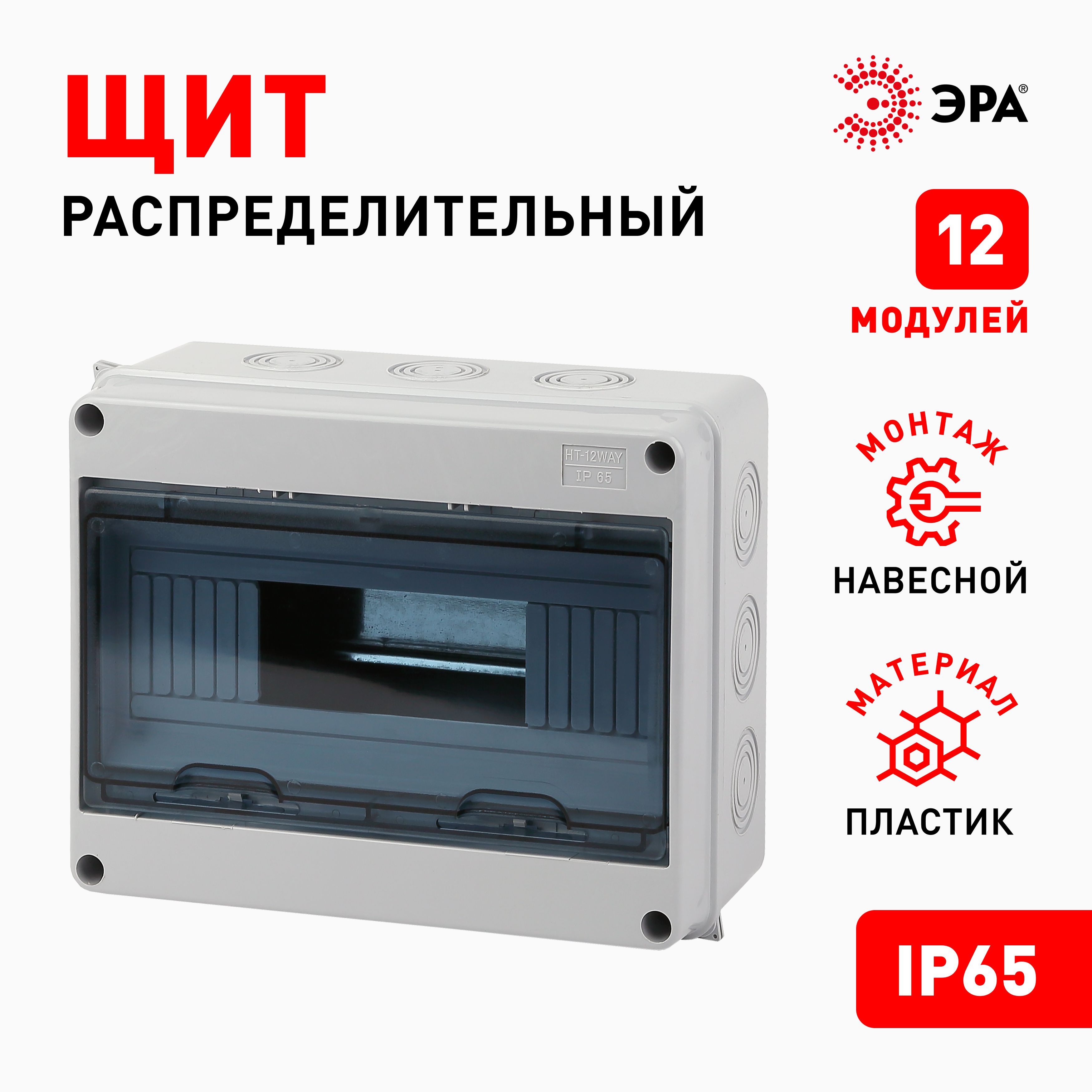 Щит распределительный навесной ЭРА КМПн-12 пластиковый уличный на 12 модулей / Щиток с дверцей IP65, 255х198х108 мм, серый