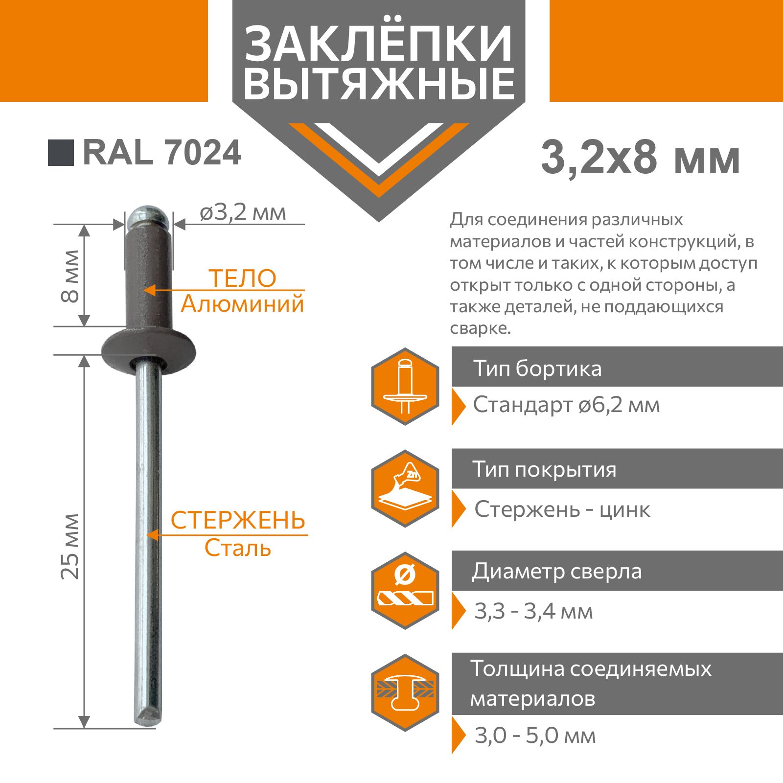 Заклёпка вытяжная 3,2х8 алюминий/сталь темно-серый RAL 7024 (50 штук)