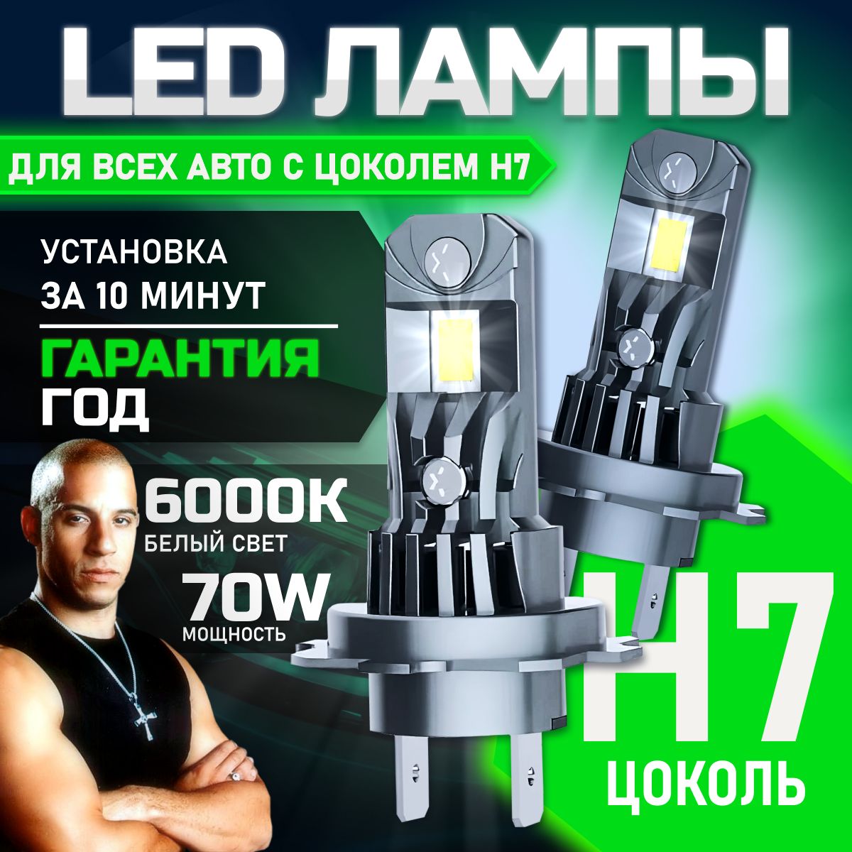 Светодиодные лед h7 лампы, LED лампа h7 автомобильная, белые 6000К, 10000Lm, для ближнего и дальнего света, без разбора в фары