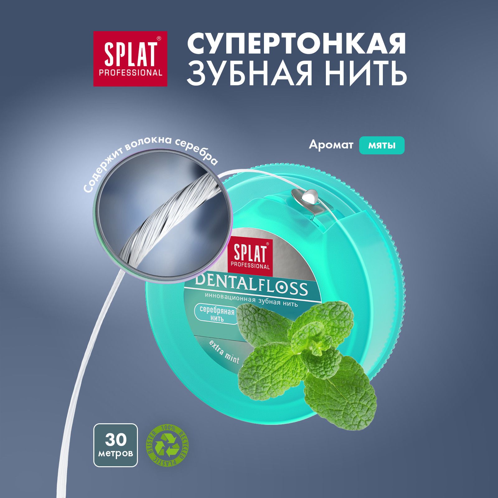 Зубная нить Splat Professional Dental Floss вощеная с ароматом мяты, волокна серебра, 30 м