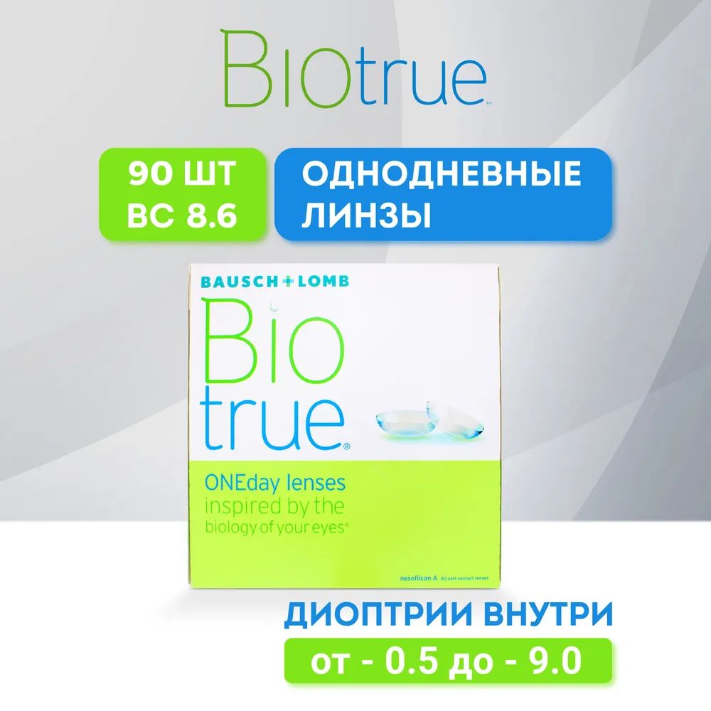 КонтактныелинзыBausch&Lomb,BiotrueOneDay,90штук/8.6/-5.50(однодневные,прозрачные)