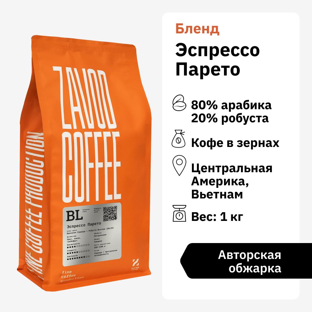 Кофевзернах1кгарабикаZAVODCOFFEEЭспрессоПарето