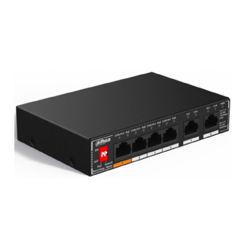 DAHUADH-SG1006P6-портовыйгигабитныйнеуправляемыйкоммутаторcPoE,4xRJ451GbPoE,2xRJ451Gbuplink,суммарно60Вт,коммутация14Гбит-с,MAC-таблица2K,металл