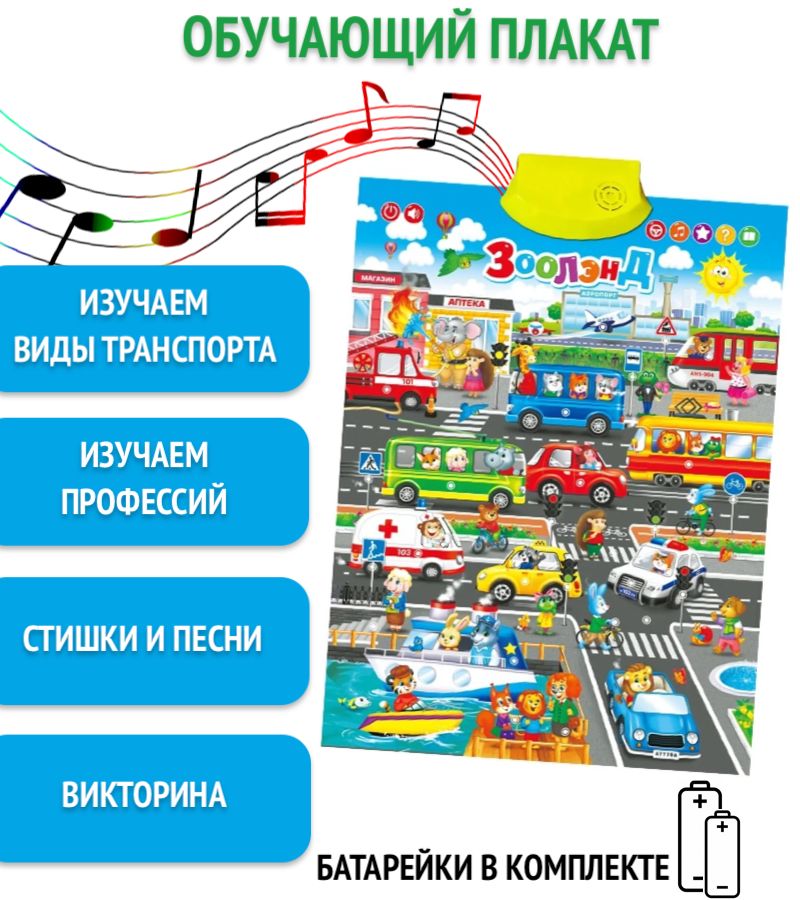 Говорящийэлектронныйплакат"Зоолэнд"длядетей/изучениевидовтранспортаипрофессий/музыкальныйплакат