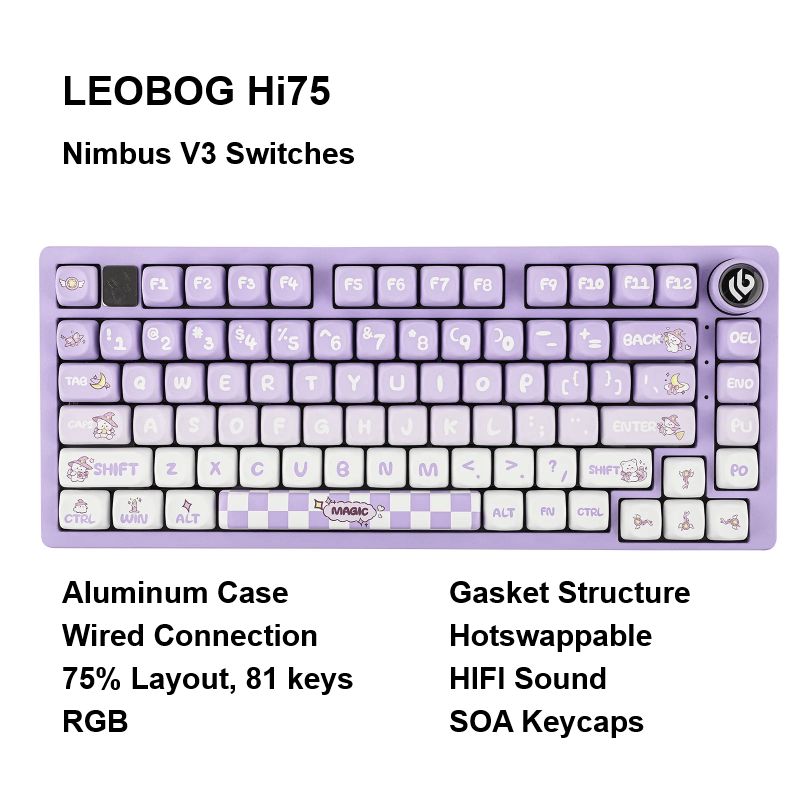 LEOBOGИгроваяклавиатурапроводнаяHi75,MagicBear,NimbusV3Switches,SOAKeycaps,Английскаяраскладка,фиолетовый,сиреневый