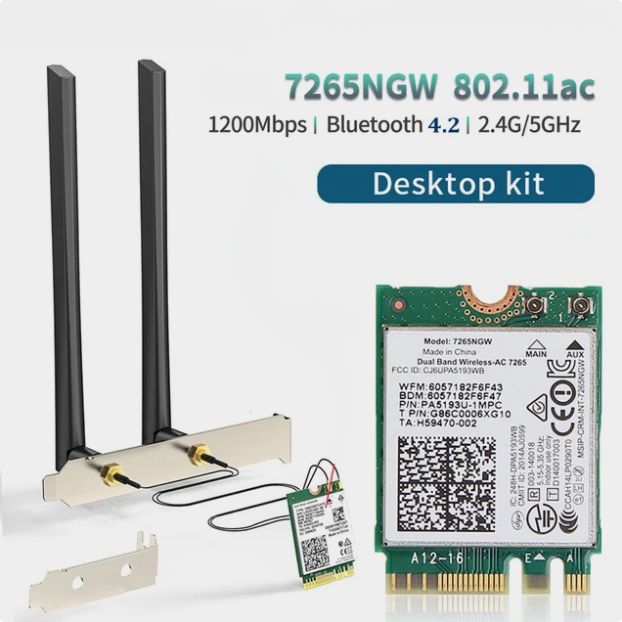 Wi-Fi-адаптерМодульWi-FiPCI-E7265NGW1200Мбит/сBluetooth4,2M.2,802.11ACдвухдиапазонный2,4G5G