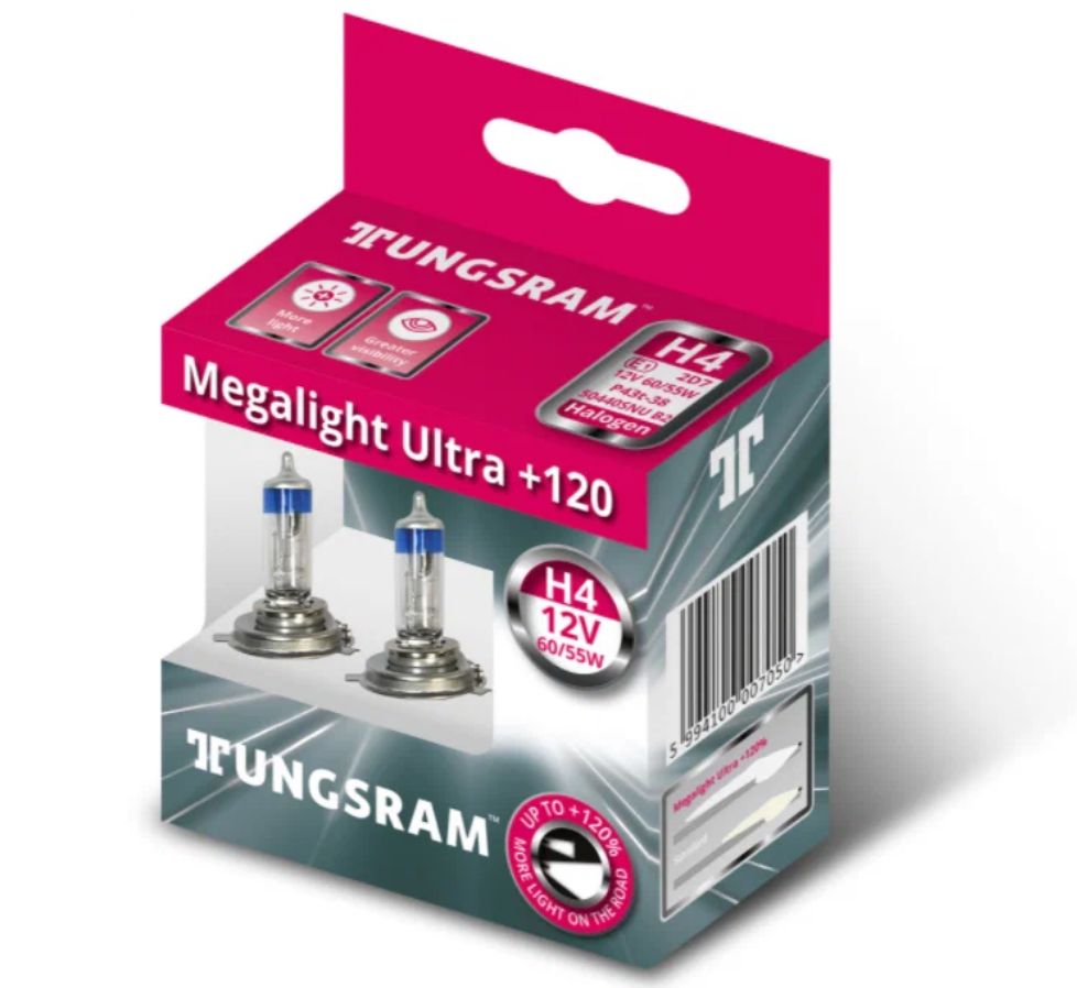 Лампа галогенная H4 TUNGSRAM MEGALIGHT ULTRA +120% 12V 60-55W