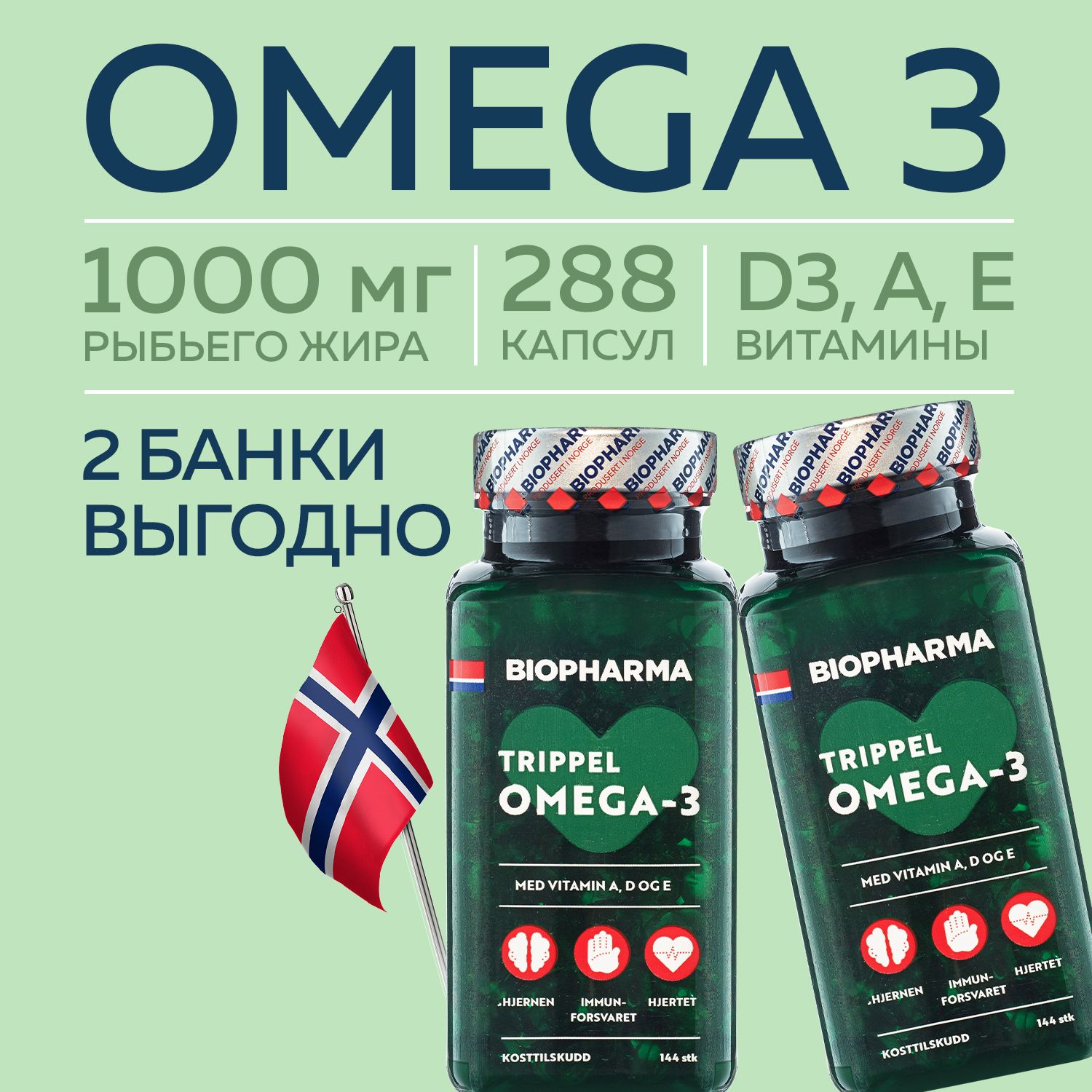 Омега 3 1000мг Рыбий жир 2 банки по 144 капсулы Biopharma Trippel Omega 3