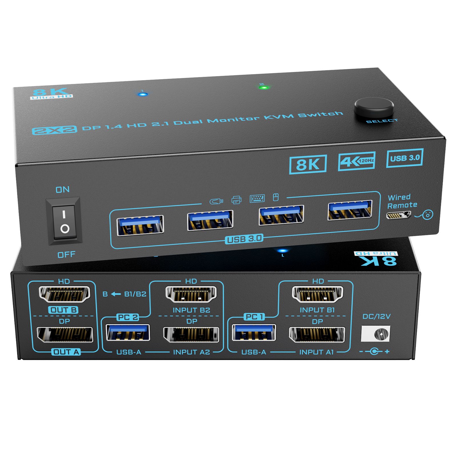 Переключатель KVM Switch AVE DPA-22 (DP+HDMI, 8K 60Hz, USB 3.0, remote control, power adapter)