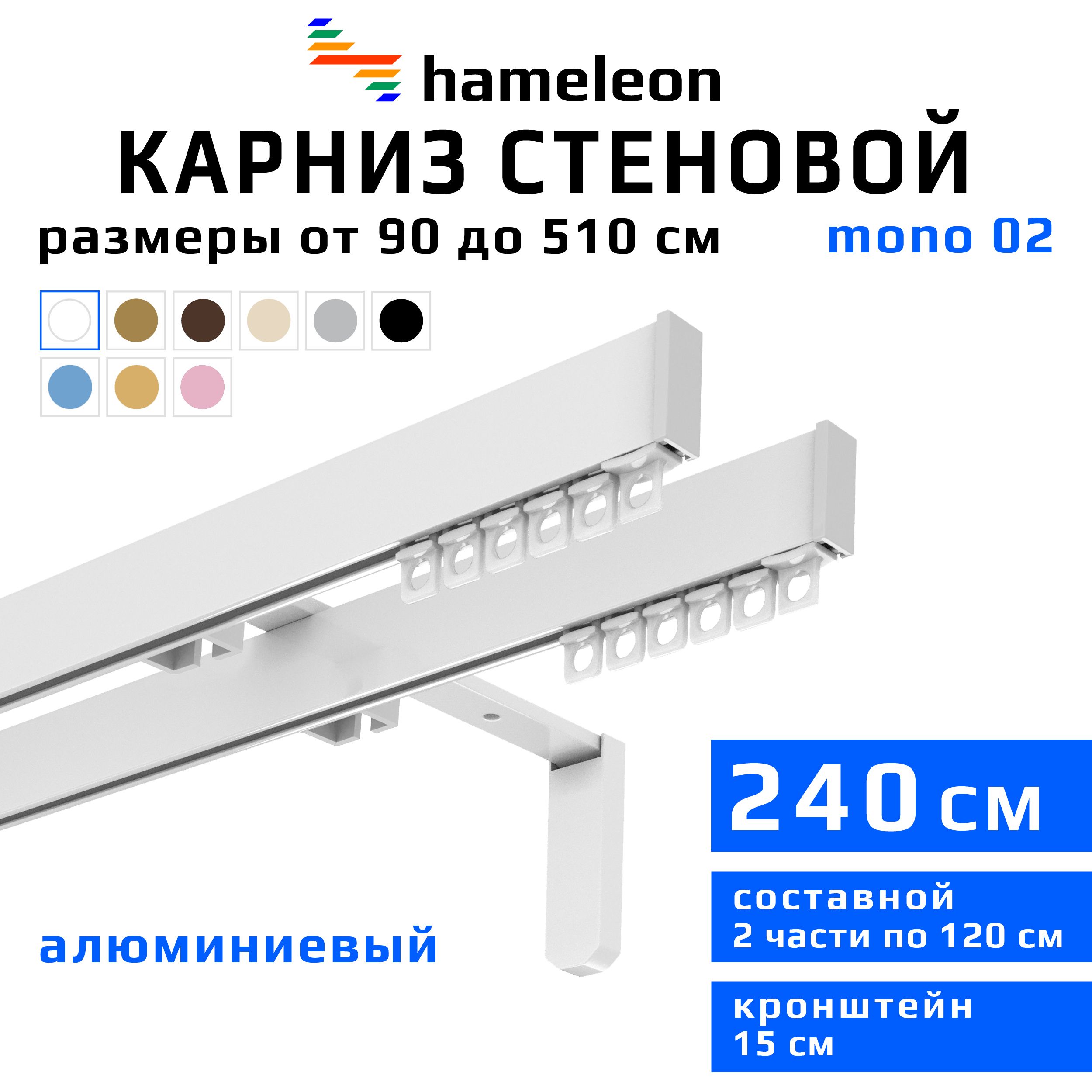 Карниздляштор240смhameleonmono(хамелеонмоно)двухрядныйстеновой,белый,алюминий,металл,гардина,кронштейны15см