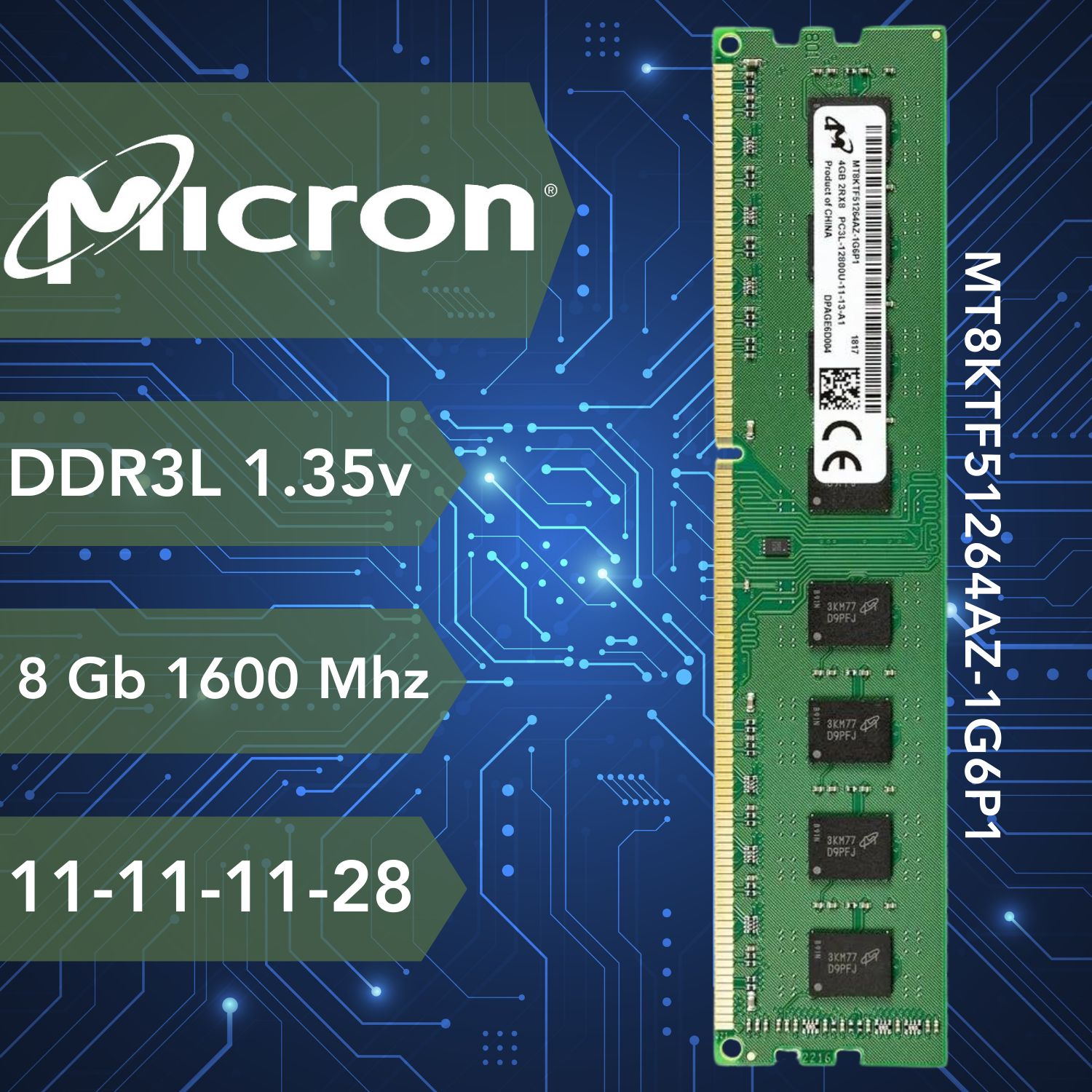 Micron Оперативная память DDR3 DIMM DDR3L 1.35V 1600Mhz для ПК 1x8 ГБ (MT16KTF1G64AZ-1G6P1)