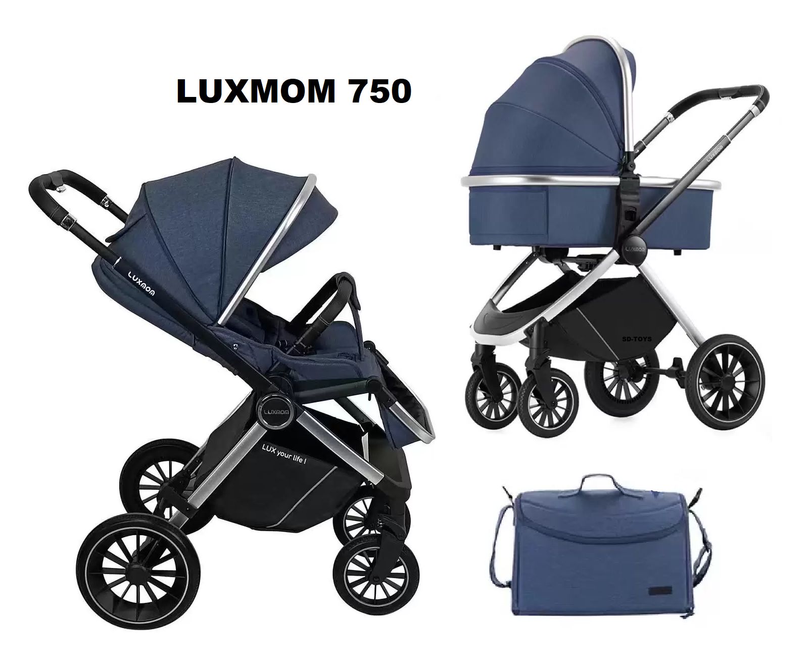 Детская модульная 2в1 коляска Luxmom 750, / выдвижная ручка /синий цвет