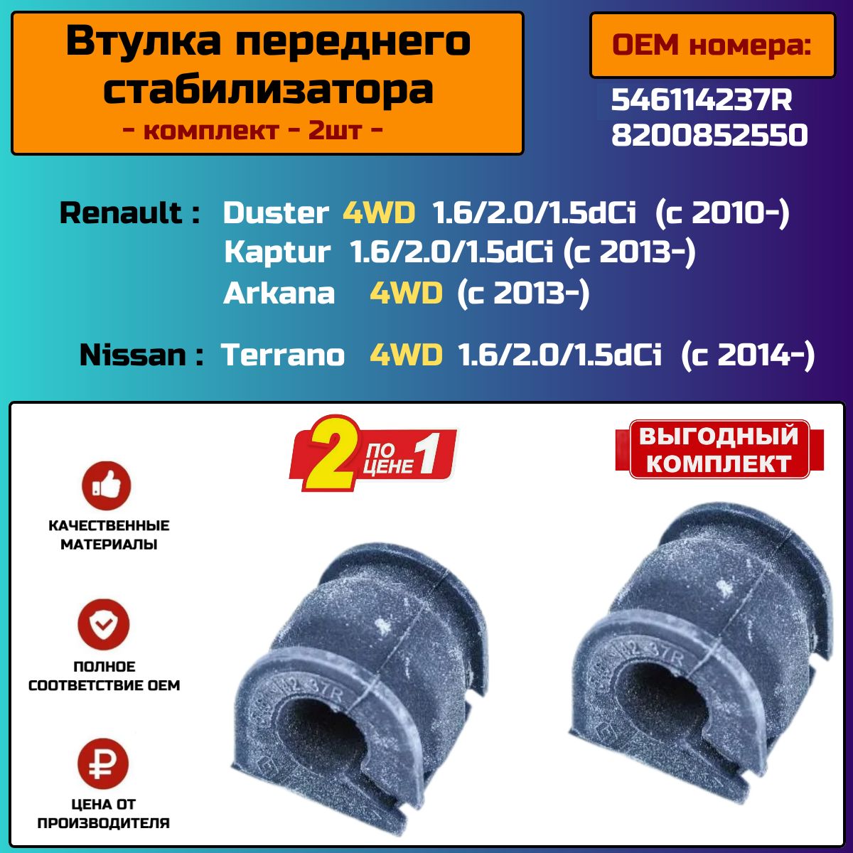 Втулка стабилизатора переднего (2шт) для RENAULT DUSTER 4х4, Arkana, Kaptur, Nissan Terrano (Дастер,Каптюр,Аркана,Ниссан Террано)