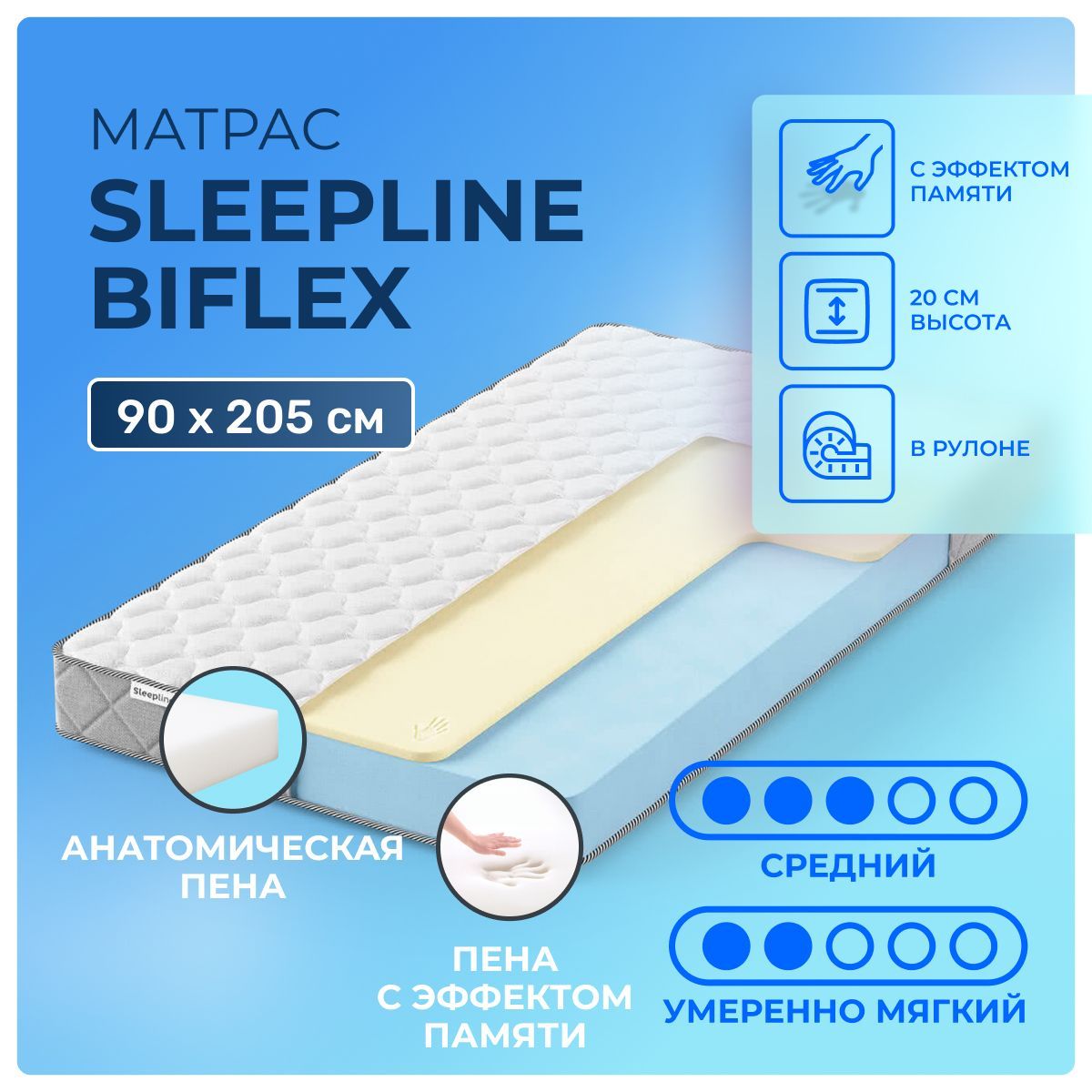 Матрас90х205SleeplineBiFlex,беспружинный,двустороннийсразнойжесткостью,полумягкий,cредне-жёсткий,memoryfoamпенополиуретан,односпальный205х90