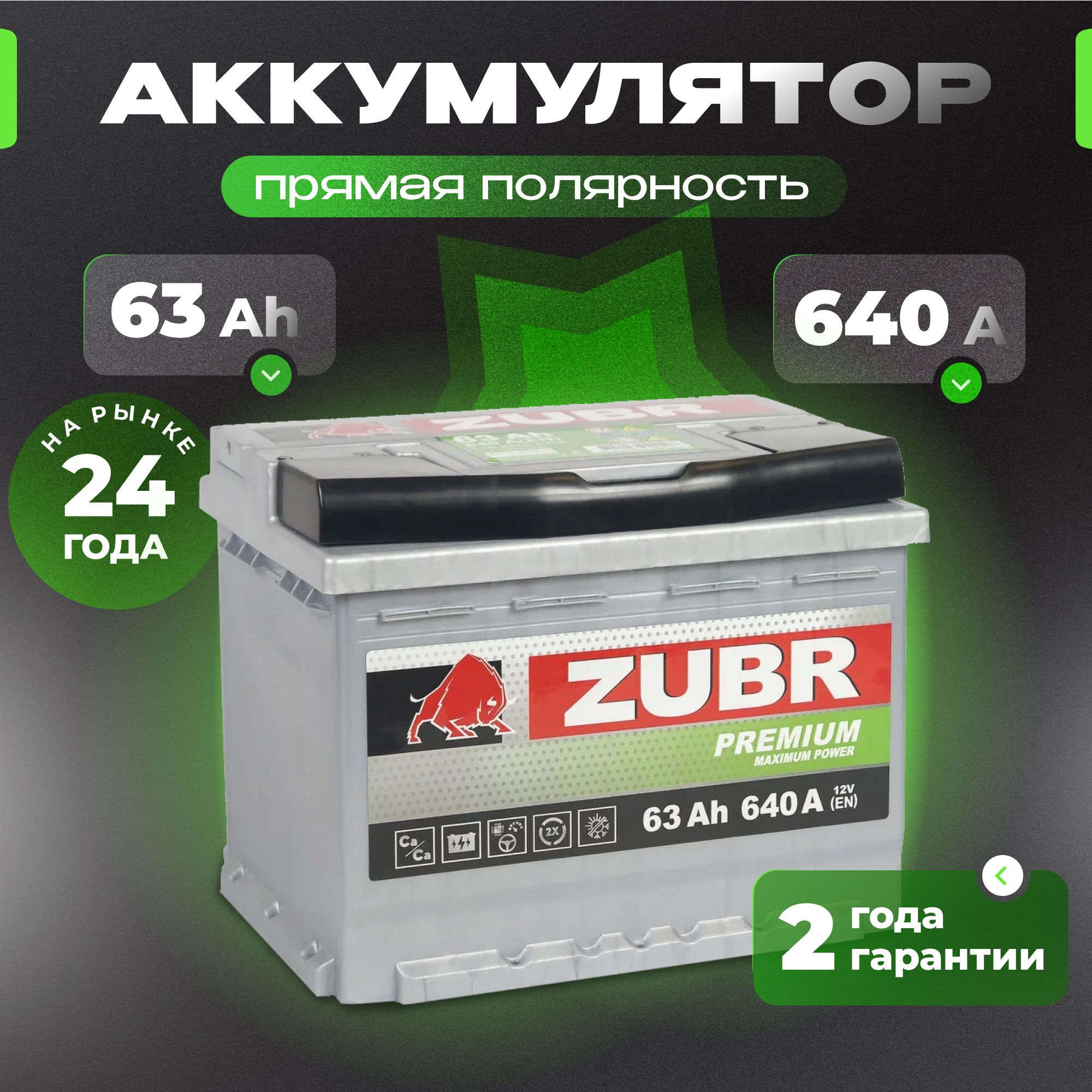 Аккумулятор автомобильный 12v 63 Ah ZUBR Premium 63 Ач 640 А прямая полярность 242x175x190 стартерный акб для автомобиля, машины