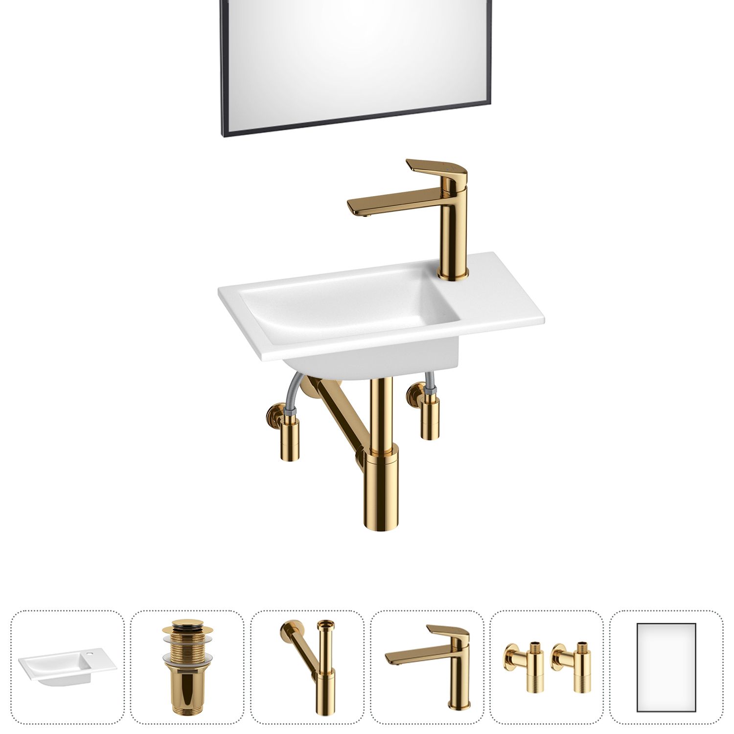 Маленькая раковина в туалет Wellsee WC Area 202011879 в наборе 6 в 1: мебельная раковина, донный клапан, сифон, смеситель, вентили, зеркало (цвет набора золото)