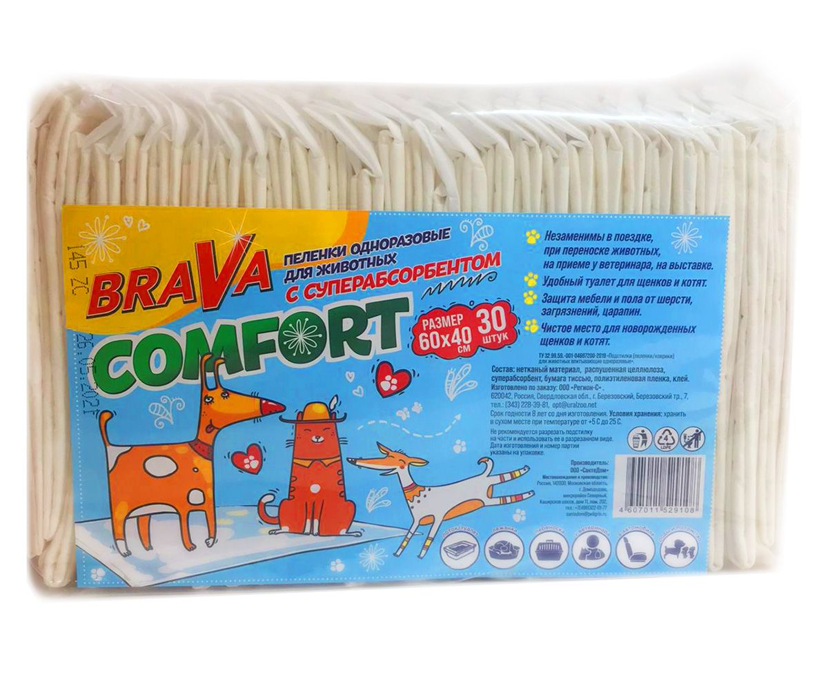 Пеленки для кошек и собак brava comfort с суперабсорбентом 60*40см 30шт