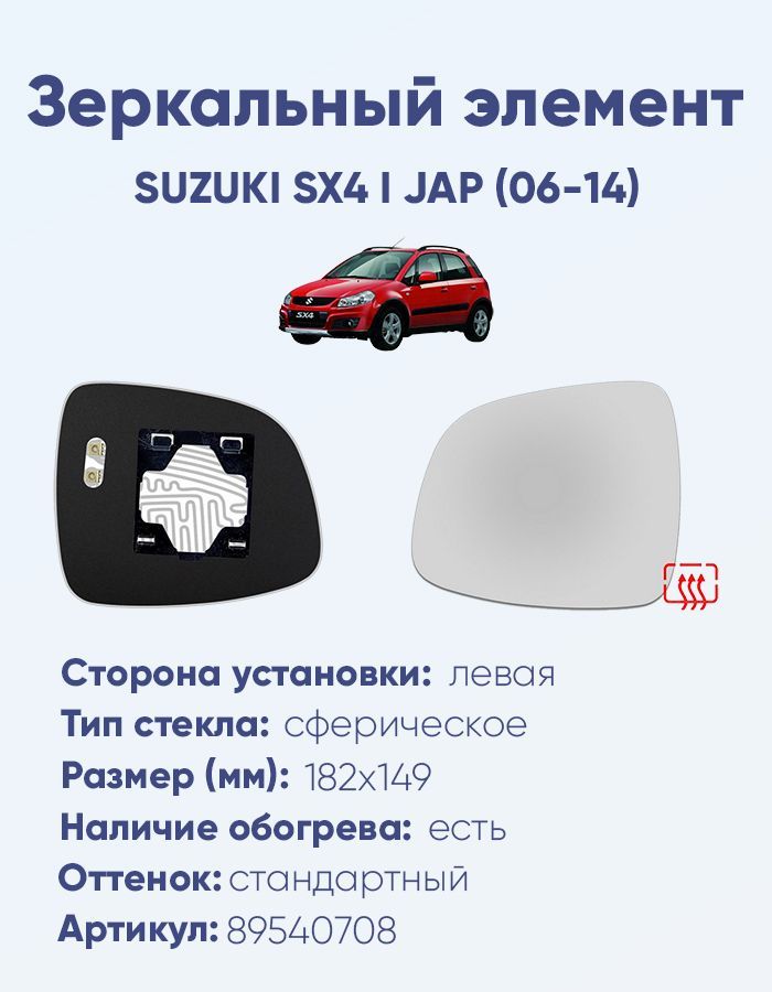 Зеркальный элемент левый SUZUKI SX4 I JAP (06-14) сфера нейтральный с обогревом