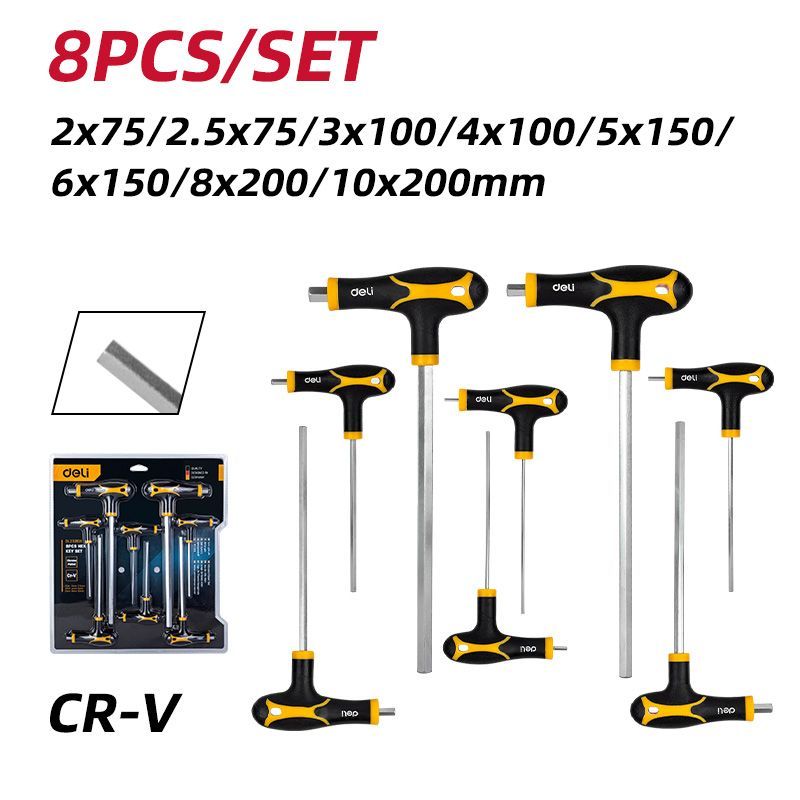 Набориз8шестигранныхдвустороннихключейсТ-образнойручкойDeliDL233108(от2x75ммдо10x200мм,удобнаярукоять,CR-V)