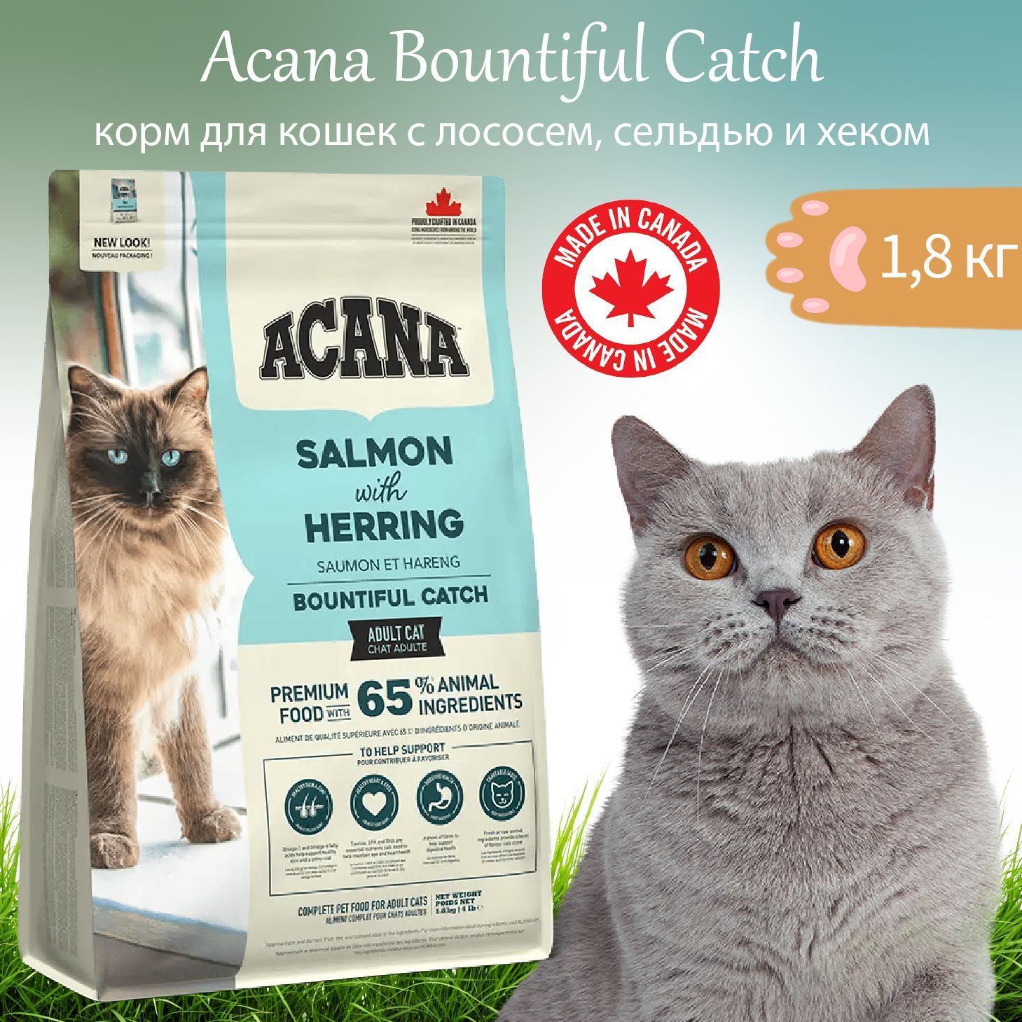 AcanaCatBountifulCatch1,8кгнизкозерновойкормдлякошек,лосось,сельдьихек