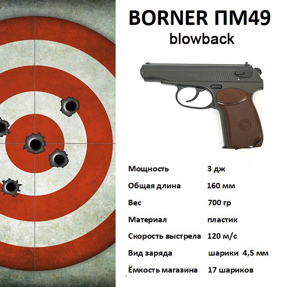 Пистолет пневматический Borner ПМ-49 (Blowback), калибр 4.5 мм