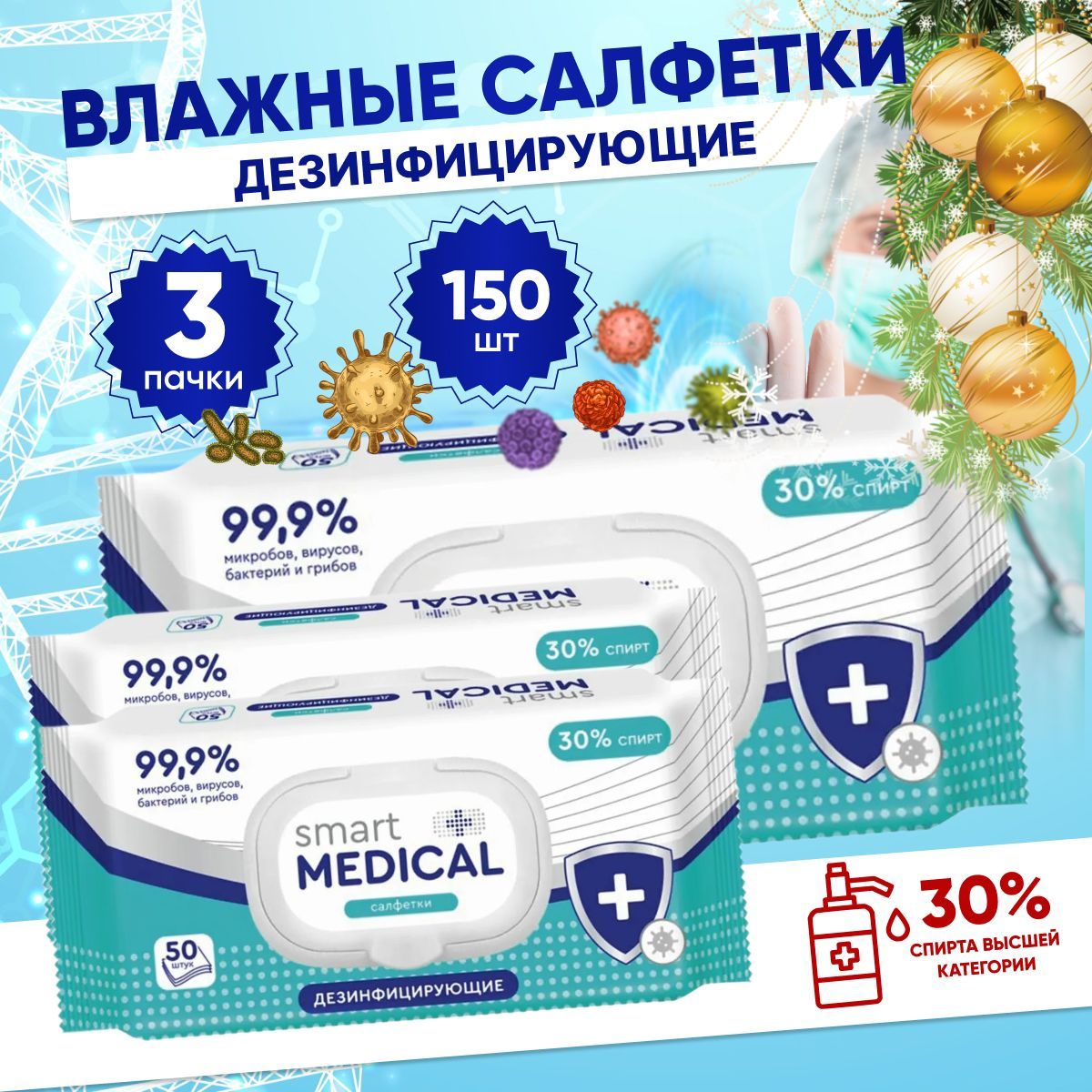 Влажные салфетки дезинфицирующие, антибактериальные, спиртовые Smart medical 150 шт.