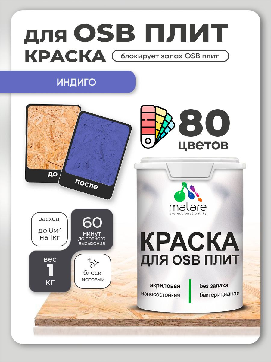 Акриловая краска для ОСБ плит Malare для дерева для наружных и внутренних работ, быстросохнущая без запаха матовая, индиго, 1 кг
