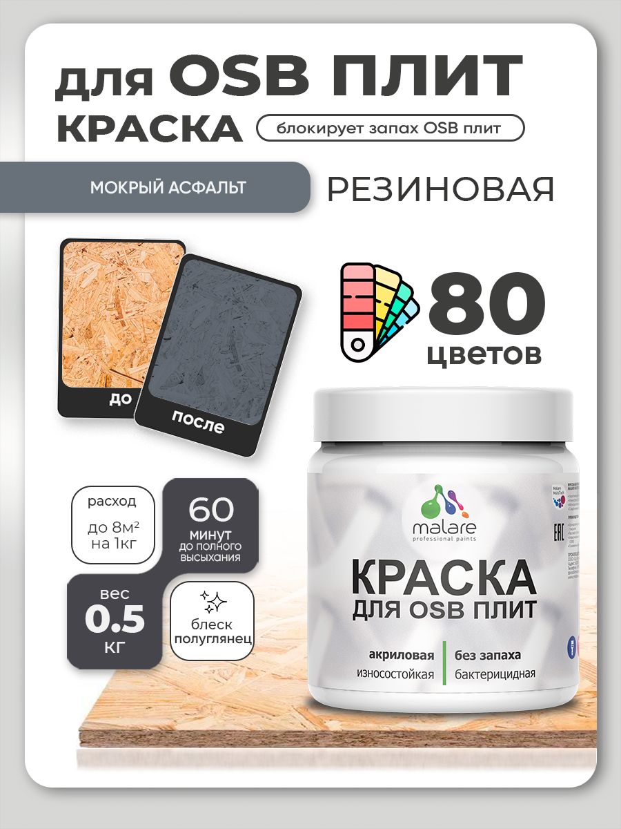 Резиновая краска для ОСБ плит Malare акриловая краска для дерева для наружных и внутренних работ, быстросохнущая без запаха полуглянцевая, мокрый асфальт, 0.5 кг