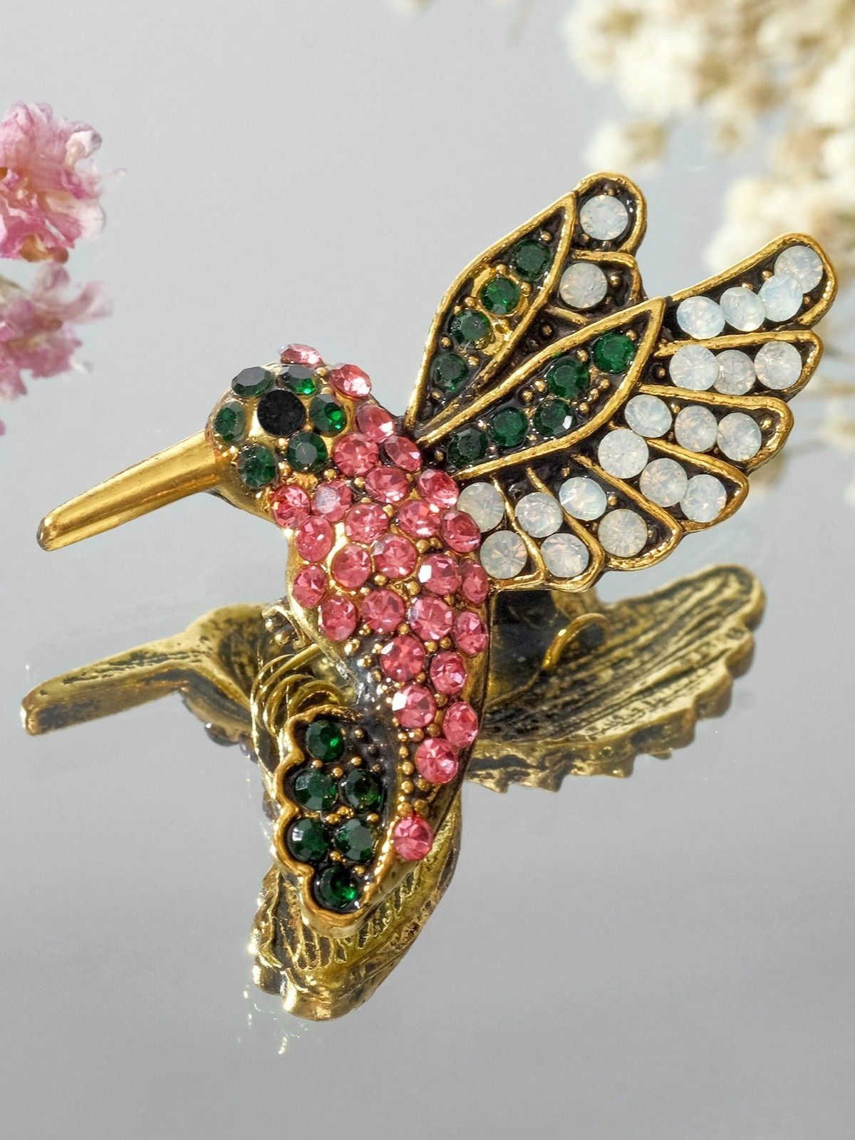 Брошь женская бижутерия "Птичка колибри", малиново-зелёная в чернёном золоте, украшение на одежду