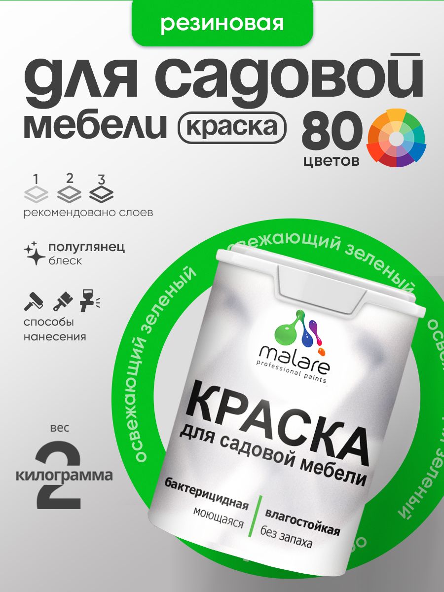 Резиновая краска Malare для садовой мебели/ по дереву, для наружных и внутренних работ/ быстросохнущая моющаяся без запаха полуглянцевая, освежающий зеленый, 2 кг